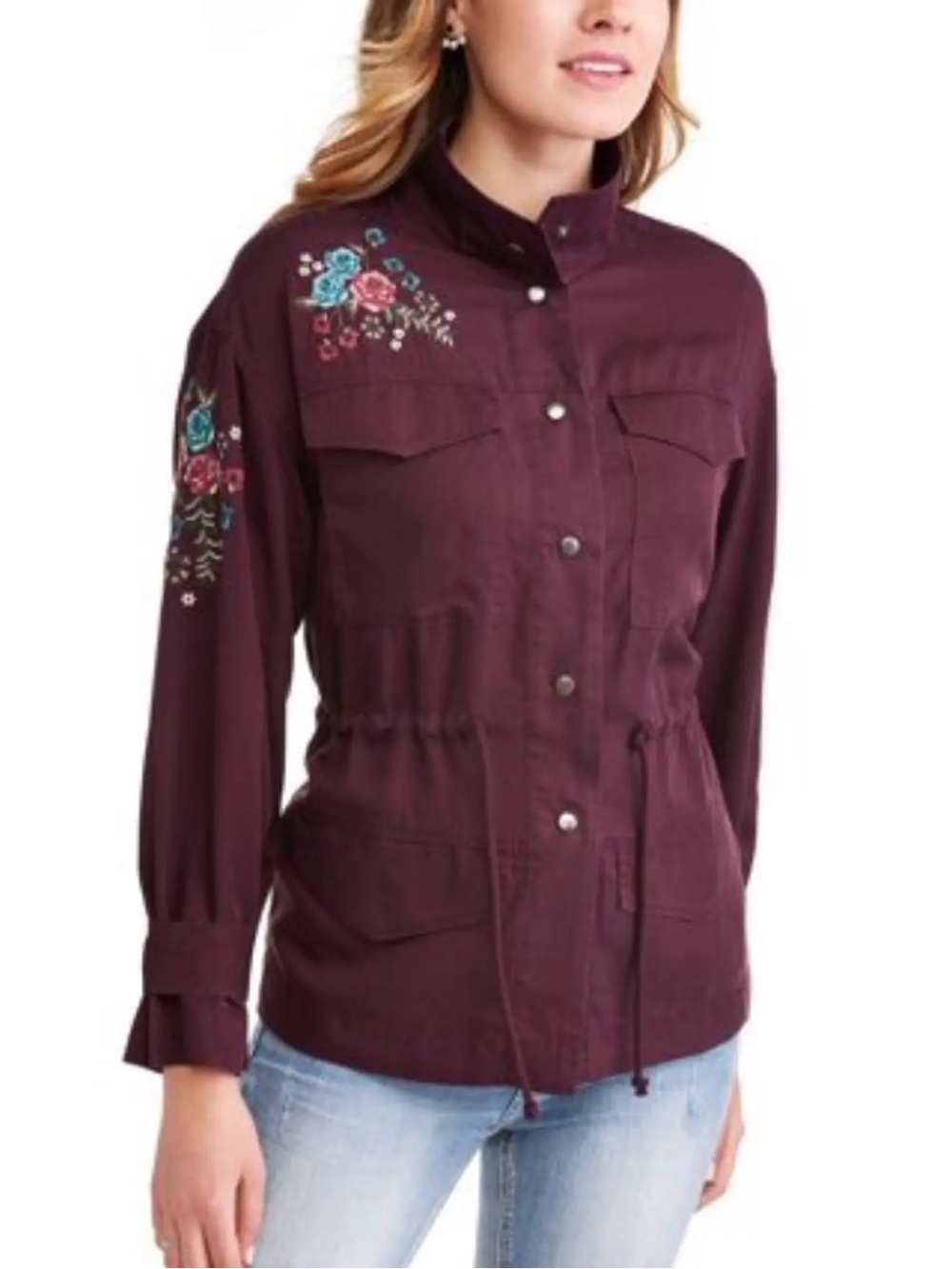 Time and Tru Embroidered Drawstring Utility Jacket - Burgundy